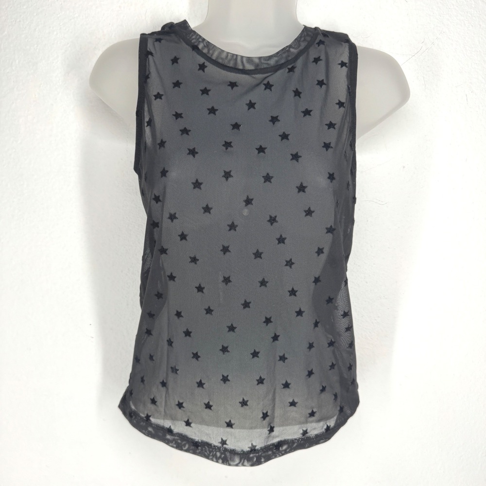 Womens Black Sheer Mesh Star Celestial Flocked Sleeveless Tank Top Size M Goth